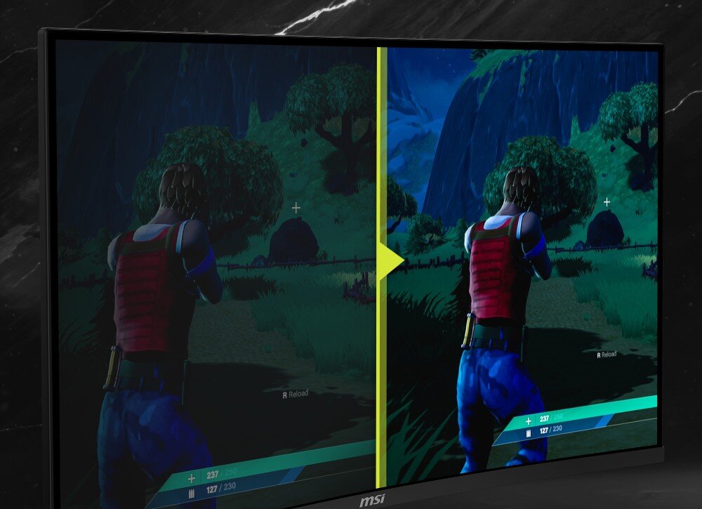 Monitor MSI Mag 276CXF Postać w grze widoczna na podzielonym ekranie, który po prawej stronie jest rozjaśniony ukazując więcej szczegółów w cieniu