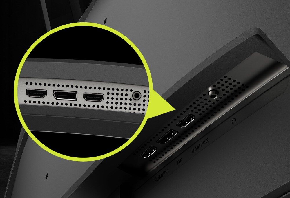 Monitor MSI Mag 276CF E20 Zbliżenie na dolny panel złącz monitora zawierający dwa porty HDMI, jeden DisplayPort oraz gniazdo słuchawkowe