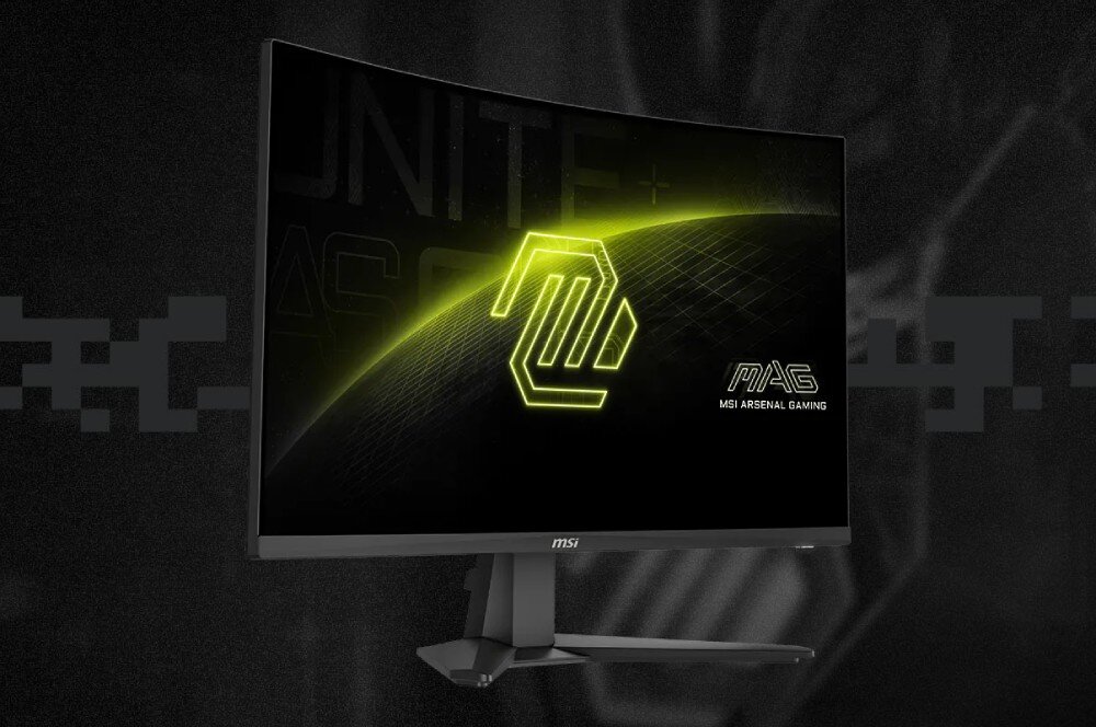 Monitor MSI Mag 276CF E20 Widok na zakrzywiony ekran monitora z grafiką serii MAG na czarnym tle z szarymi elementami graficznymi
