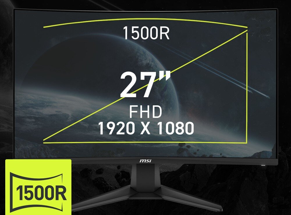 Monitor MSI Mag 276CF E20 Front monitora z naniesionymi parametrami technicznymi: przekątna 27 cali, rozdzielczość FHD 1920 x 1080 oraz krzywizna 1500R na tle grafiki z planetą