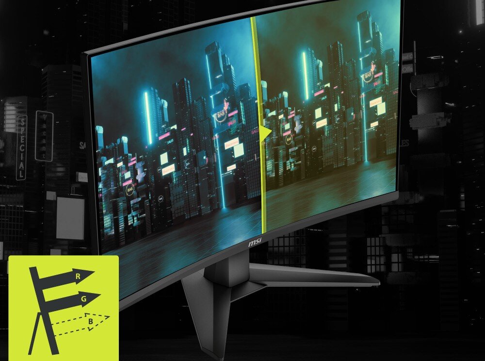 Monitor MSI Mag 276CF E20 Porównanie kolorystyki na przykładzie grafiki z futurystycznym miastem, gdzie lewa strona ma żywsze barwy dzięki redukcji światła niebieskiego