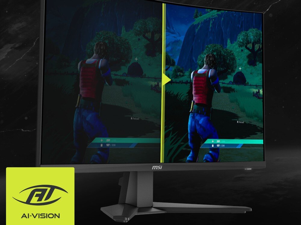 Monitor MSI Mag 276CF E20 Porównanie widoczności w ciemnych scenach gry typu shooter, gdzie funkcja AI-Vision rozjaśnia detale po prawej stronie ekranu