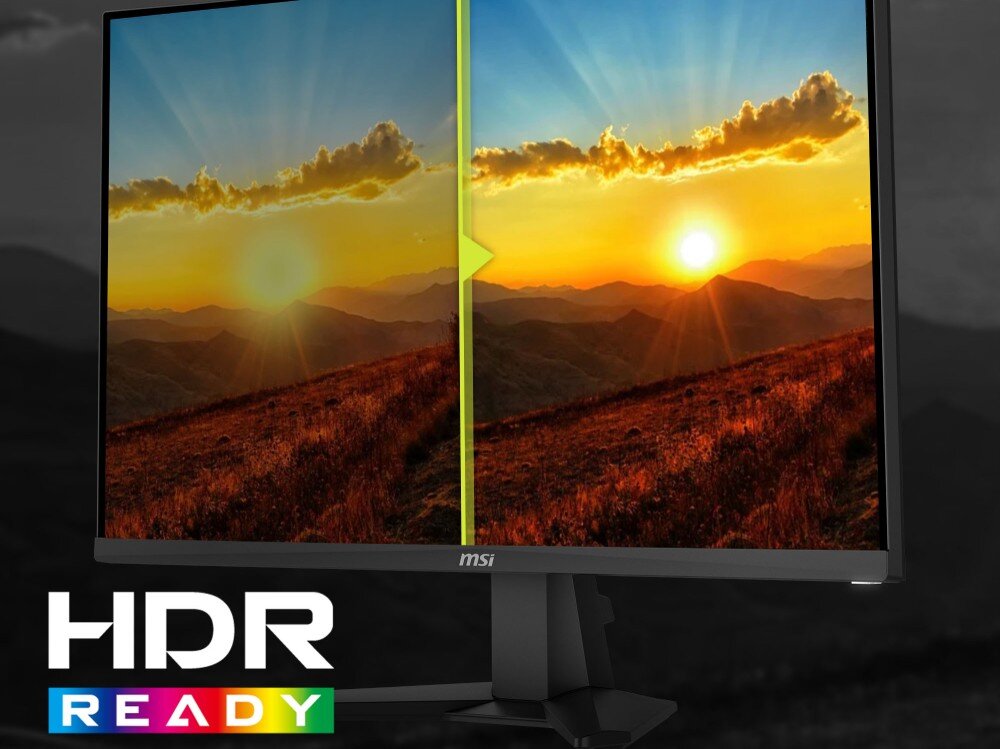 Monitor MSI Mag 276CF E20 Porównanie obrazu z włączoną i wyłączoną funkcją HDR na przykładzie zachodu słońca nad górskimi szczytami
