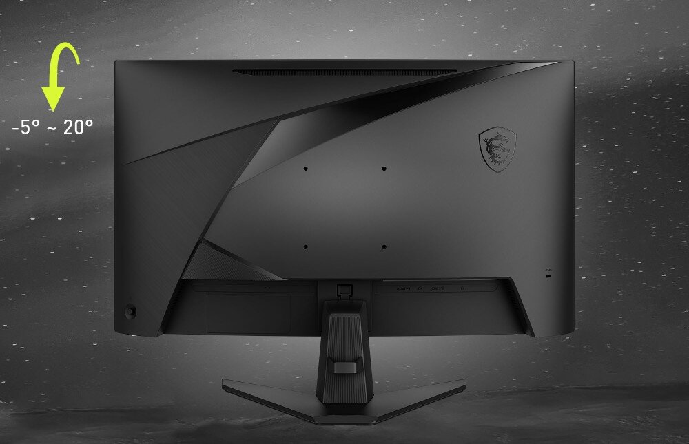 Monitor MSI Mag 276CF E20 Tył obudowy monitora z logo smoka oraz strzałką wskazującą zakres regulacji nachylenia ekranu od -5 do 20 stopni