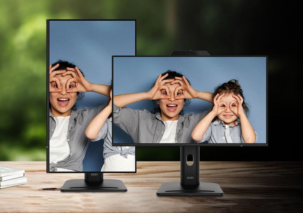 Monitor MSI PRO MP272PMG Dwa monitory stojące obok siebie, jeden w pozycji poziomej, a drugi pionowej, prezentujące to samo zdjęcie kobiety i dziecka