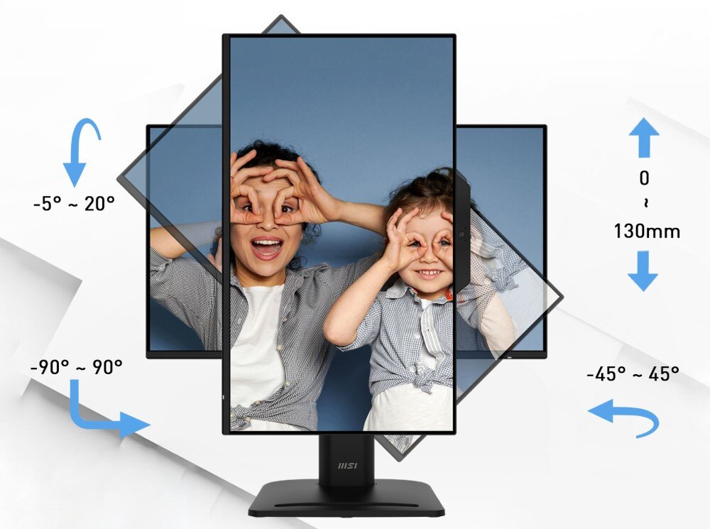 Monitor MSI PRO MP272PMG Monitor pokazujący zakres regulacji ergonomicznej, w tym zmianę wysokości, kąta nachylenia oraz obrót ekranu do pozycji pionowej
