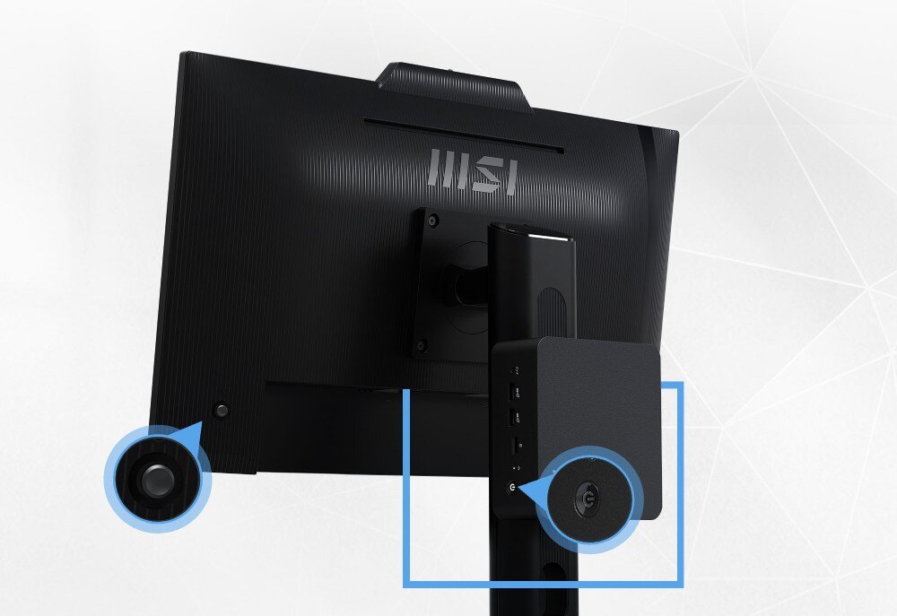 Monitor MSI PRO MP272PMG Tył monitora z zamontowanym małym komputerem stacjonarnym oraz zbliżeniem na przyciski zasilania
