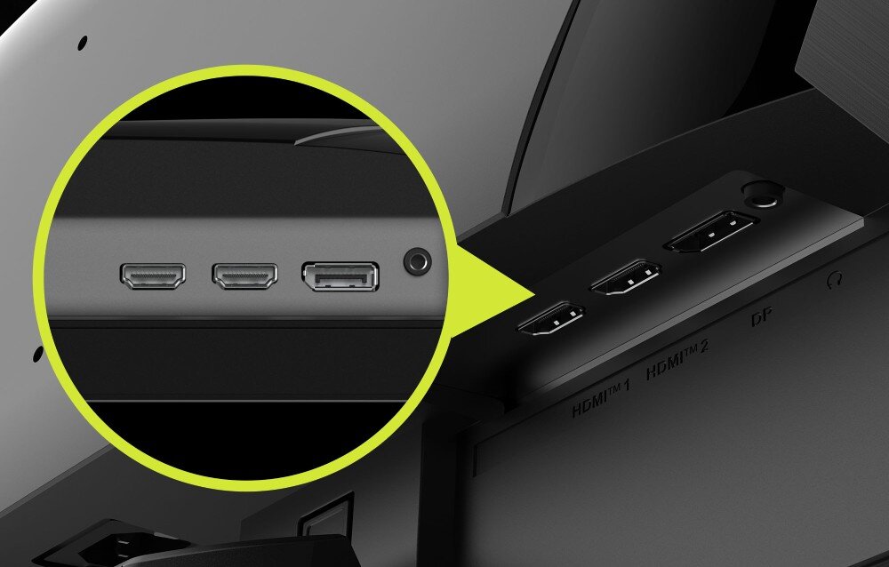 Monitor MSI MAG 255F E20 Zbliżenie na panel złącz monitora z grafiką lupy powiększającą dwa porty HDMI jeden port DisplayPort oraz wyjście słuchawkowe