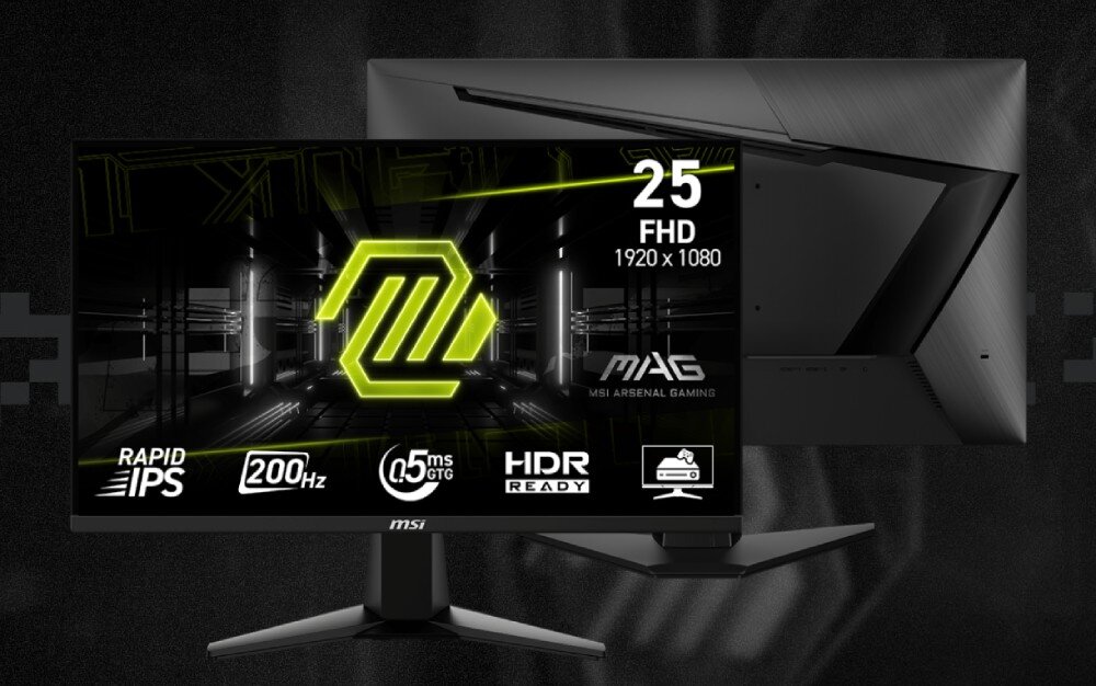 Monitor MSI MAG 255F E20 Zestawienie widoku monitora z przodu i z tyłu wraz z ikonami kluczowych parametrów takich jak odświeżanie '200Hz' czas reakcji '0.5ms' i obsługa HDR