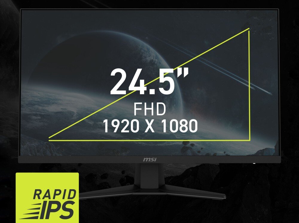 Monitor MSI MAG 255F E20 Front monitora z nałożonymi grafikami informującymi o przekątnej ekranu 24.5 cala rozdzielczości Full HD oraz typie matrycy Rapid IPS