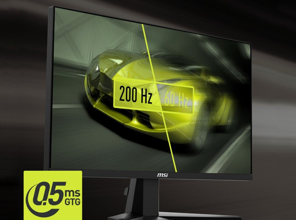 Monitor MSI MAG 255F E20 Monitor wyświetlający żółty samochód wyścigowy z nakładką graficzną porównującą płynność ruchu przy odświeżaniu '200 Hz' względem '60 Hz' oraz informacją o czasie reakcji