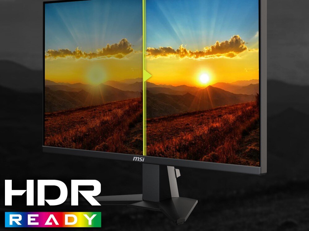 Monitor MSI MAG 255F E20 Podzielony ekran monitora wyświetlający krajobraz górski o zachodzie słońca który po prawej stronie w trybie HDR charakteryzuje się żywszymi kolorami i lepszym kontrastem