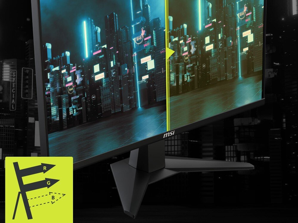 Monitor MSI MAG 255F E20 Monitor z podzielonym ekranem prezentujący po lewej stronie standardowy obraz miasta w nocy a po prawej stronie ten sam obraz o zwiększonej jasności i widoczności detali w ciemnych partiach