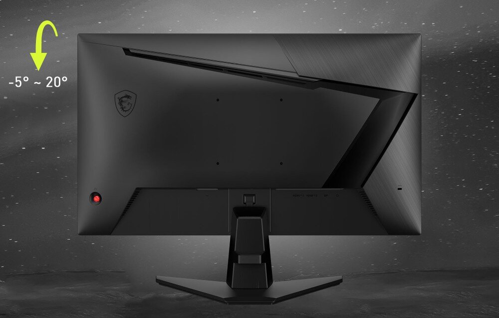 Monitor MSI MAG 255F E20 Tył obudowy monitora z zaznaczonym strzałką zakresem regulacji nachylenia ekranu wynoszącym od -5 do 20 stopni