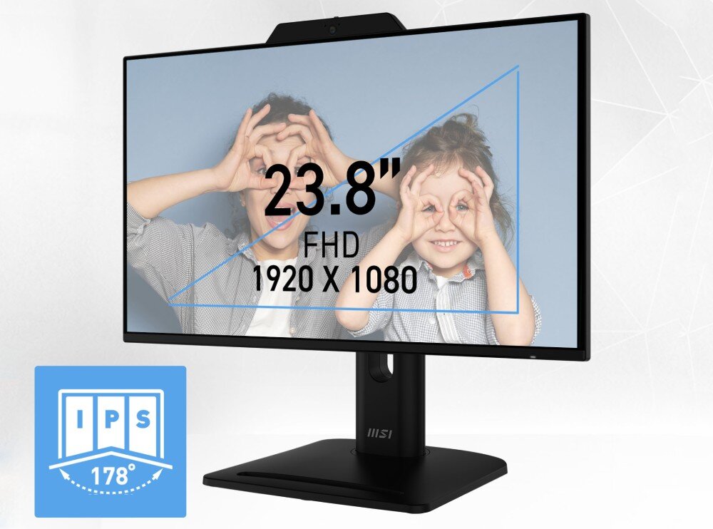 Monitor MSI PRO MP242PMG Monitor z wyświetloną informacją o przekątnej ekranu 23.8 cala oraz rozdzielczości Full HD 1920 x 1080 z ikoną matrycy IPS 178°