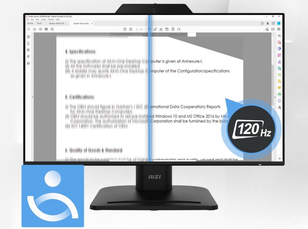 Monitor MSI PRO MP242PMG Ekran monitora podzielony na pół, pokazujący po lewej stronie niewyraźny tekst, a po prawej ostry i czytelny z oznaczeniem 120 Hz