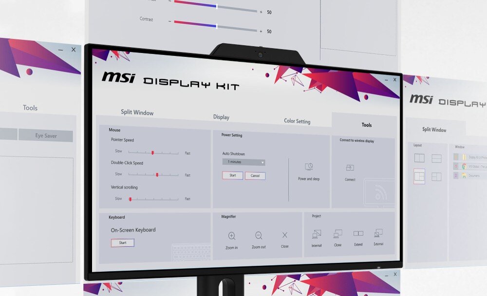 Monitor MSI PRO MP242PMG Monitor z wyświetlonym interfejsem oprogramowania do zarządzania ustawieniami ekranu i układem okien
