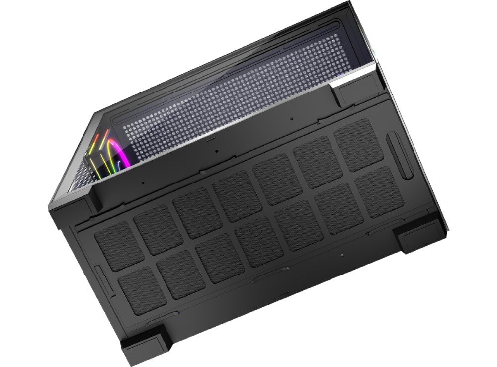 Obudowa MODECOM Volcano Stellar ARGB 5F Midi Spód czarnej obudowy z widocznym długim filtrem przeciwkurzowym zakrywającym otwory wentylacyjne