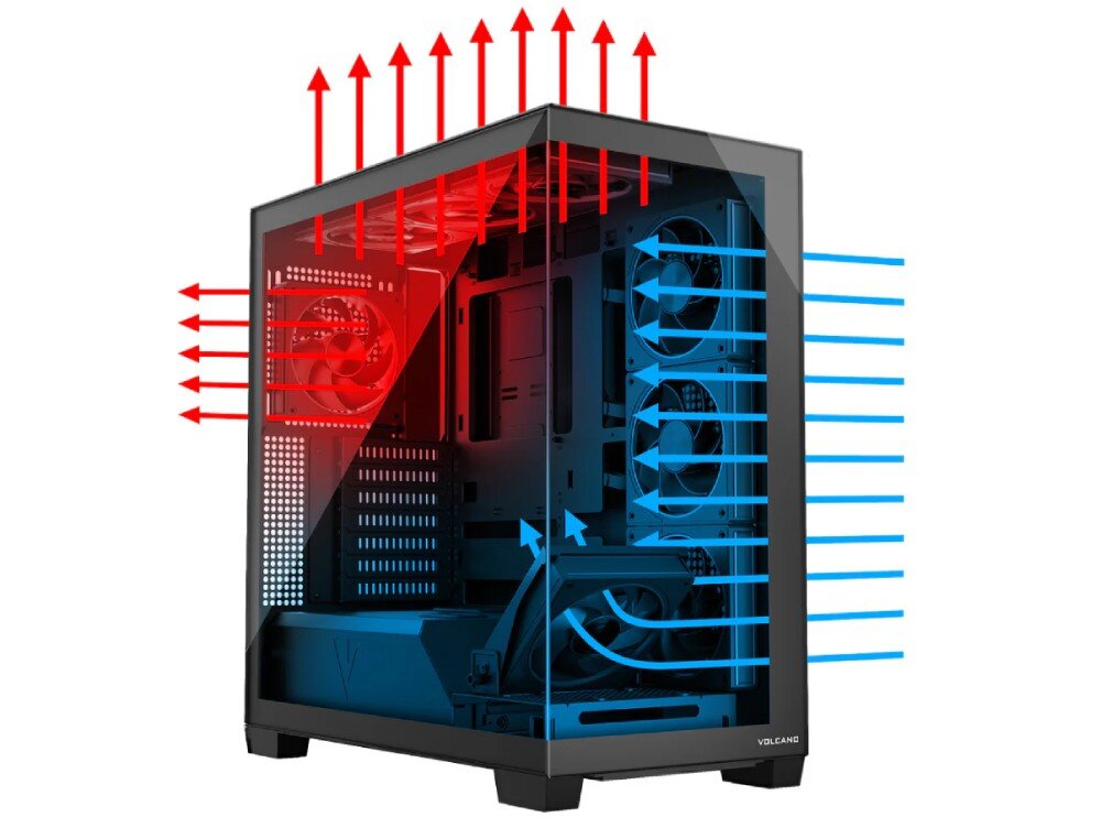 Obudowa MODECOM Volcano Stellar ARGB 5F Midi Widok zewnętrzny obudowy z naniesionymi strzałkami pokazującymi wlot i wylot powietrza