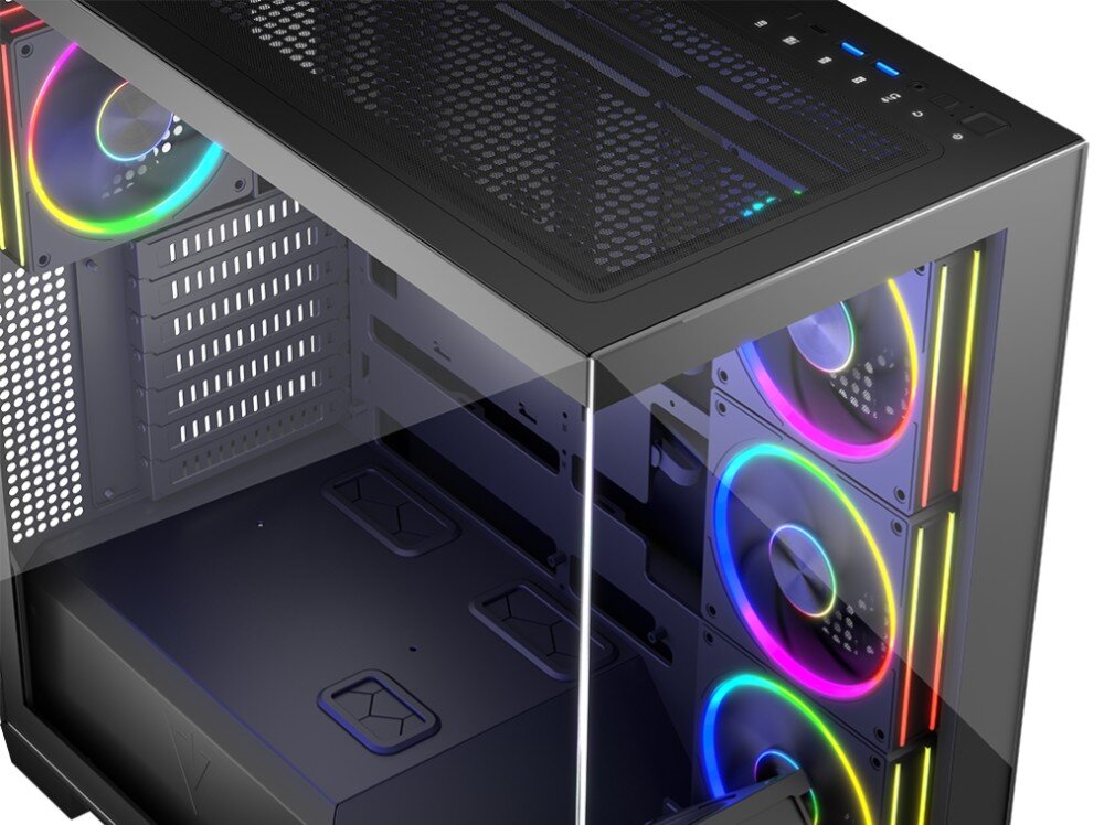 Obudowa MODECOM Volcano Stellar ARGB 5F Midi Zbliżenie na narożnik obudowy ukazujące łączenie szklanego panelu z górną wentylowaną powierzchnią