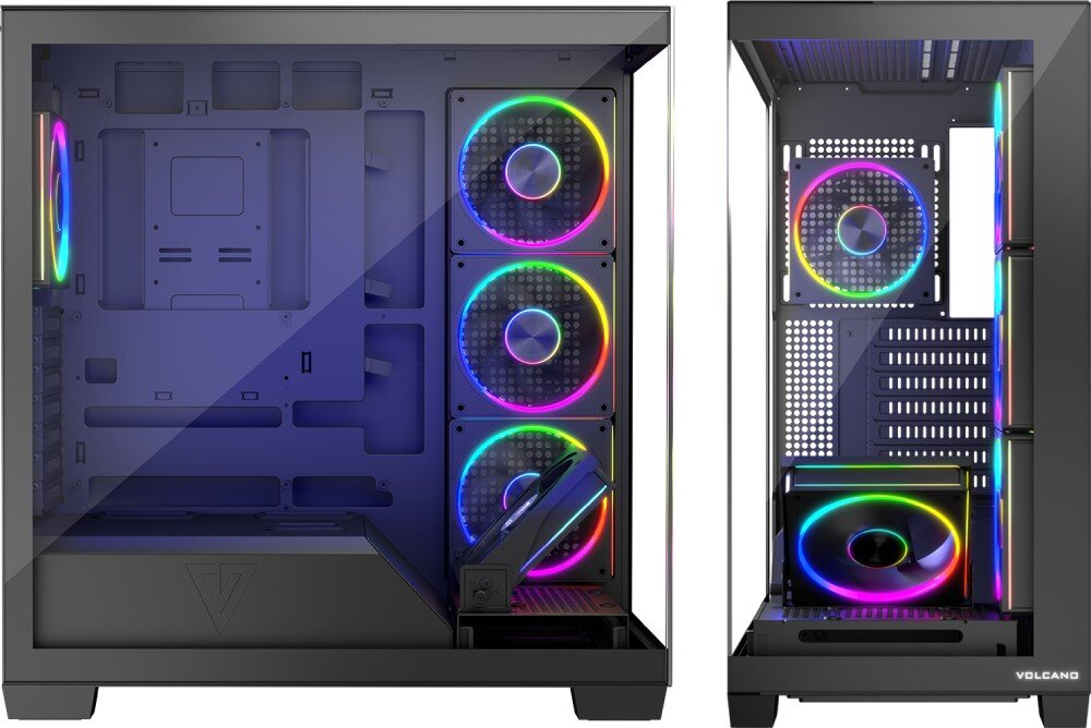 Obudowa MODECOM Volcano Stellar ARGB 5F Midi Widok boczny na puste wnętrze obudowy za taflą hartowanego szkła