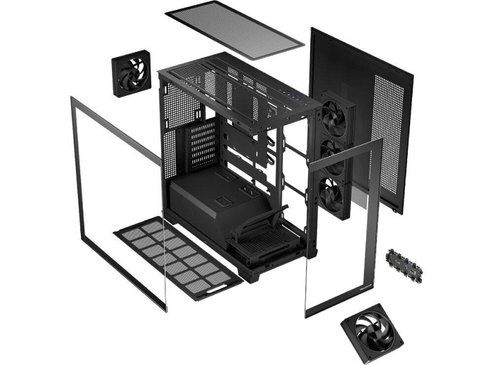 Obudowa MODECOM Volcano Stellar ARGB 5F Midi Grafika przedstawiająca poszczególne elementy obudowy w widoku rozłożonym na części