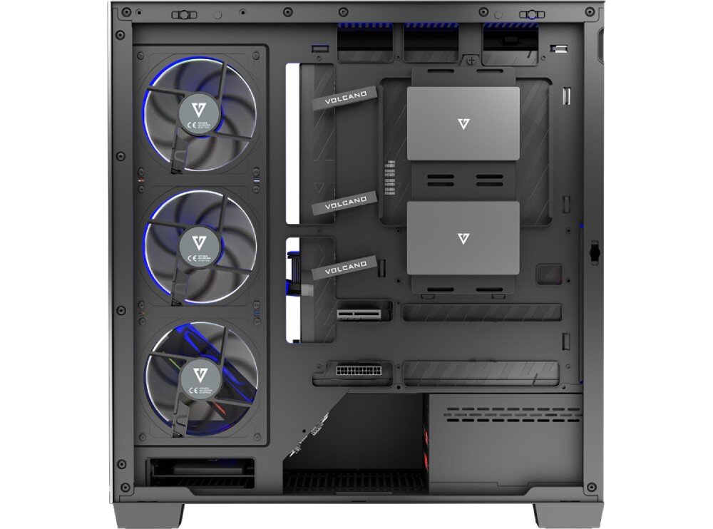 Obudowa MODECOM Volcano Stellar ARGB 5F Midi Widok na prawą stronę obudowy po zdjęciu panelu ukazujący miejsce na aranżację okablowania i montaż dysków
