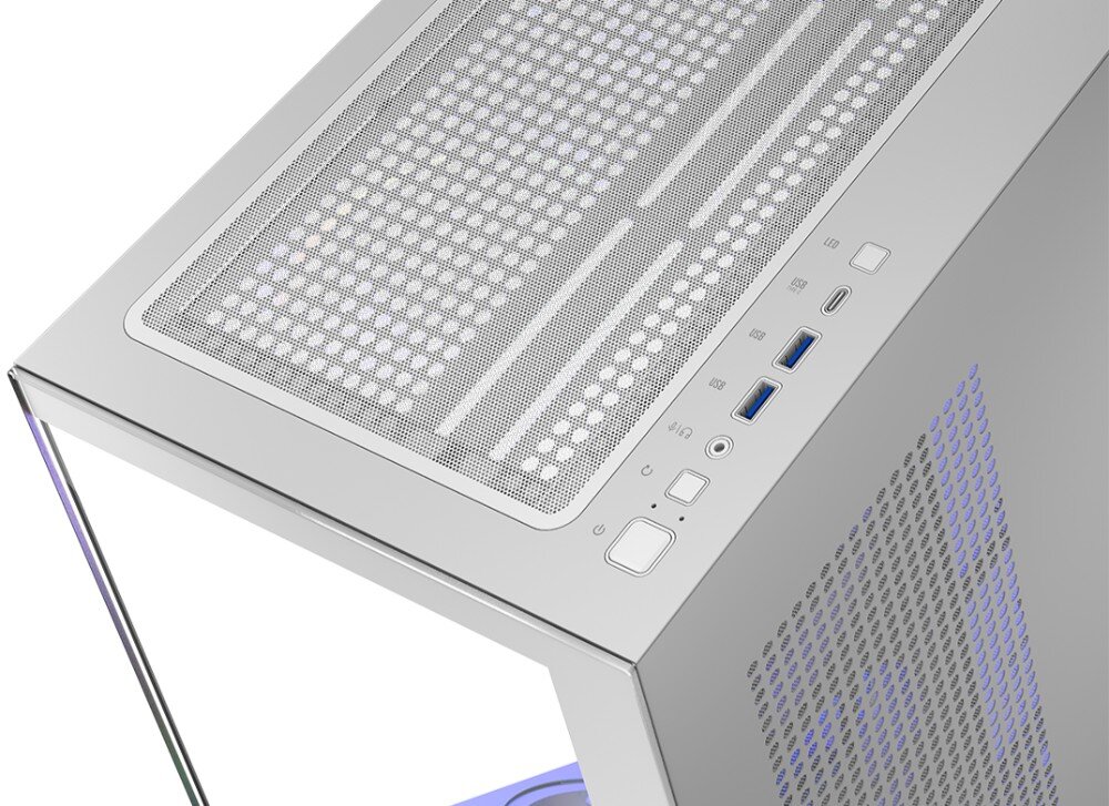 Obudowa MODECOM Volcano Stellar ARGB 5F Midi Zbliżenie na panel złącz na górze obudowy z przyciskami, portami USB oraz wejściem audio