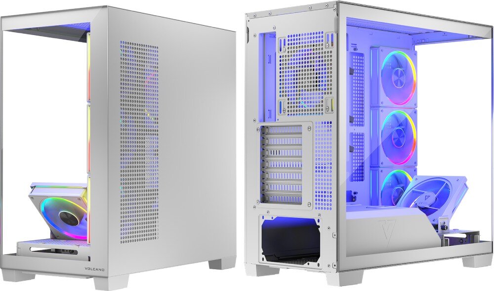 Obudowa MODECOM Volcano Stellar ARGB 5F Midi Dwa ujęcia obudowy prezentujące ją z lewej strony z szybą oraz z prawej strony z panelem wentylacyjnym