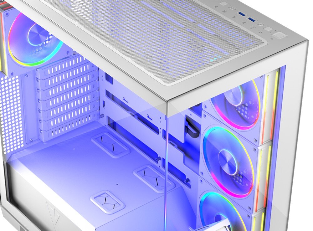 Obudowa MODECOM Volcano Stellar ARGB 5F Midi Zbliżenie na narożnik obudowy ukazujące łączenie szklanego panelu z górną wentylowaną powierzchnią