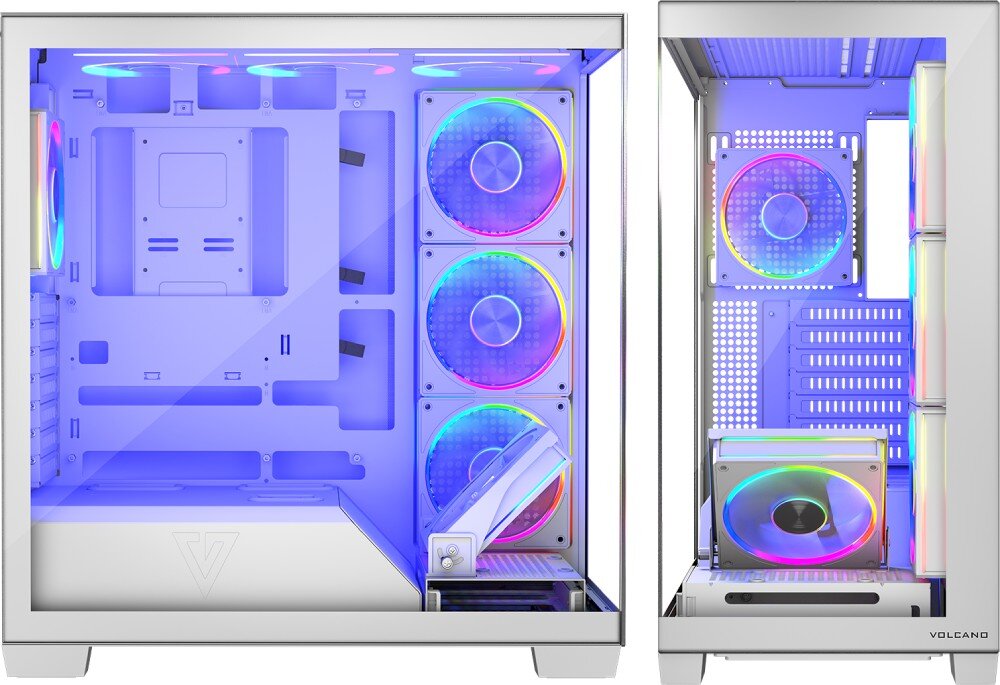 Obudowa MODECOM Volcano Stellar ARGB 5F Midi Widok boczny na puste wnętrze obudowy za taflą hartowanego szkła