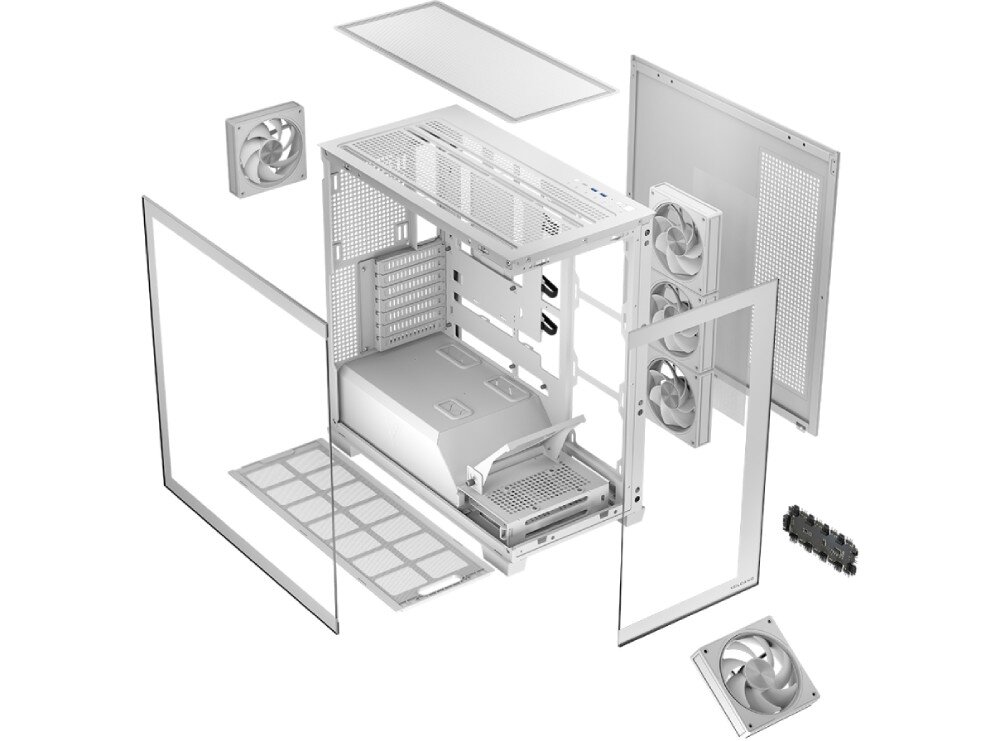 Obudowa MODECOM Volcano Stellar ARGB 5F Midi Grafika przedstawiająca poszczególne elementy obudowy w widoku rozłożonym na części