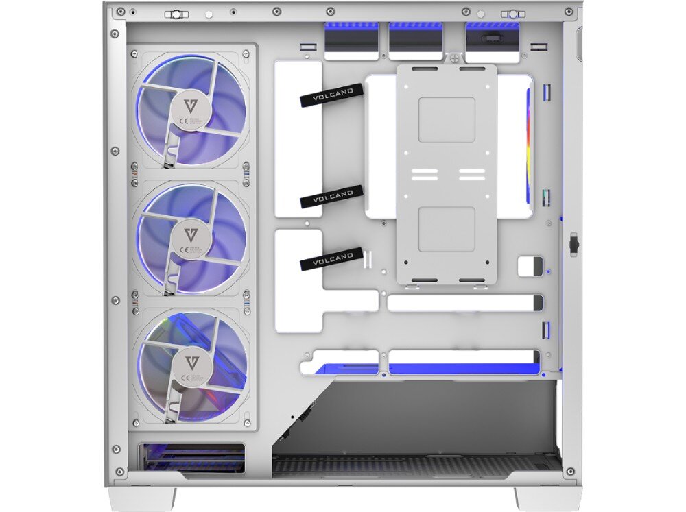 Obudowa MODECOM Volcano Stellar ARGB 5F Midi Widok na prawą stronę obudowy po zdjęciu panelu ukazujący miejsce na aranżację okablowania i montaż dysków