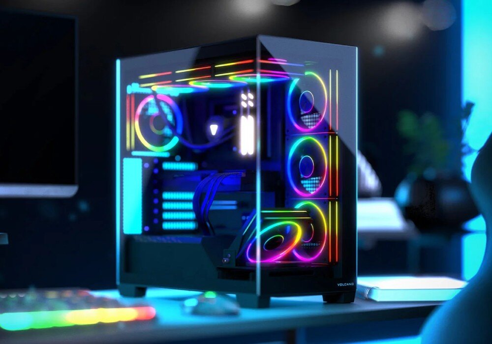 Obudowa MODECOM Volcano Stellar ARGB 8F Midi Komputerowa obudowa z podświetleniem RGB, widoczna przez szklany panel; wnętrze z zainstalowanymi wentylatorami i komponentami komputerowymi, ustawiona na biurku w przyciemnionym pomieszczeniu, opis