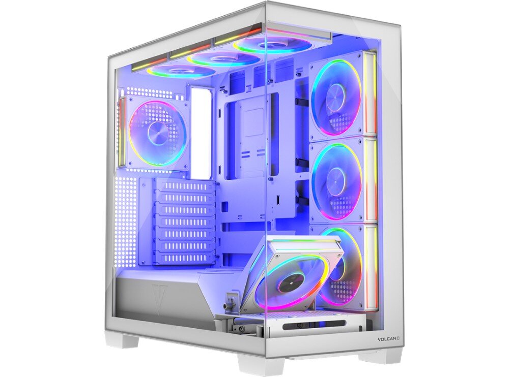 Obudowa MODECOM Volcano Stellar ARGB 8F Midi Widok pod kątem na obudowę z przeszklonym panelem przednim i bocznym