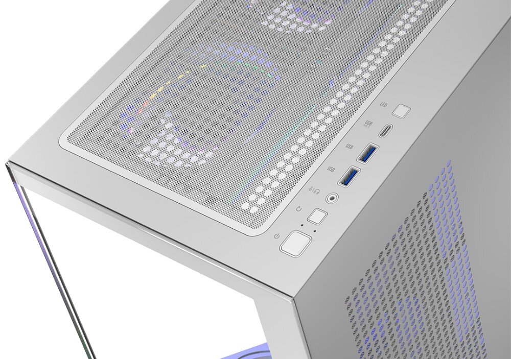 Obudowa MODECOM Volcano Stellar ARGB 8F Midi Zbliżenie na panel złącz na górze obudowy z przyciskami, portami USB oraz wejściem audio