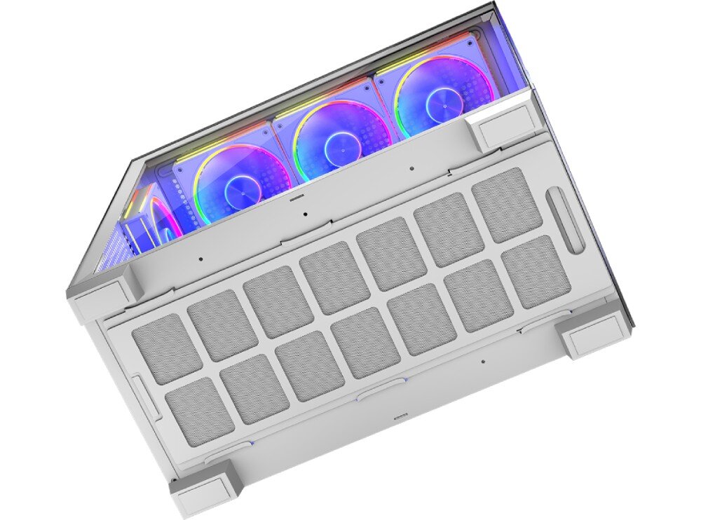 Obudowa MODECOM Volcano Stellar ARGB 8F Midi Spód obudowy z widocznym długim filtrem przeciwkurzowym zakrywającym otwory wentylacyjne