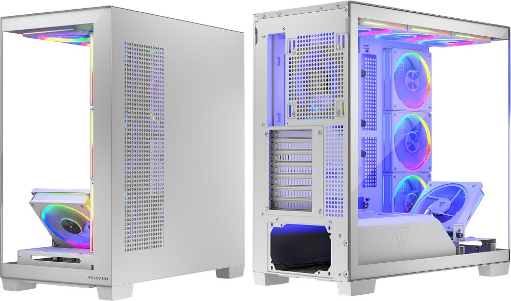Obudowa MODECOM Volcano Stellar ARGB 8F Midi Dwa ujęcia obudowy prezentujące ją z lewej strony z szybą oraz z prawej strony z panelem wentylacyjnym