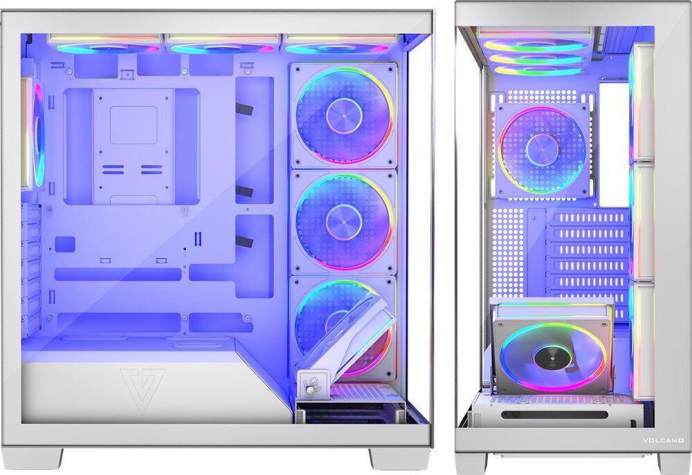 Obudowa MODECOM Volcano Stellar ARGB 8F Midi Widok boczny na puste wnętrze obudowy za taflą hartowanego szkła