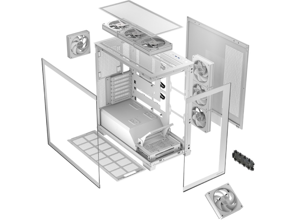Obudowa MODECOM Volcano Stellar ARGB 8F Midi Grafika przedstawiająca poszczególne elementy obudowy w widoku rozłożonym na części