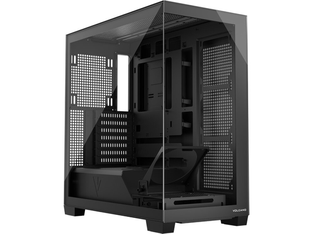 Obudowa MODECOM Volcano Stellar Midi Widok pod kątem na czarną obudowę z przeszklonym panelem przednim i bocznym