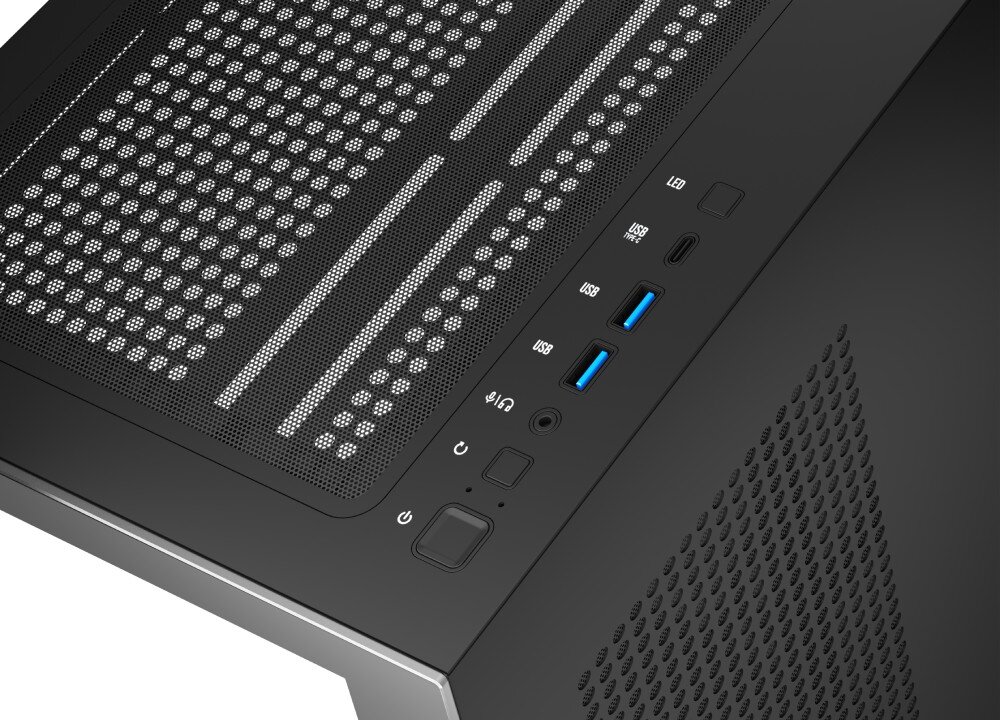 Obudowa MODECOM Volcano Stellar Midi Zbliżenie na panel złącz na górze obudowy z przyciskami, portami USB oraz wejściem audio
