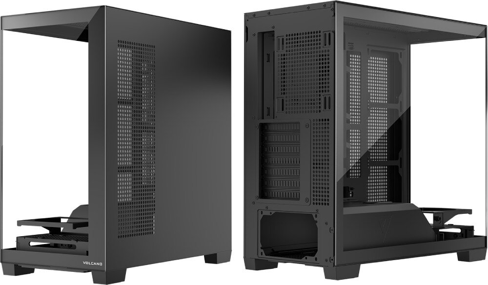 Obudowa MODECOM Volcano Stellar Midi Dwa ujęcia obudowy prezentujące ją z lewej strony z szybą oraz z prawej strony z panelem wentylacyjnym