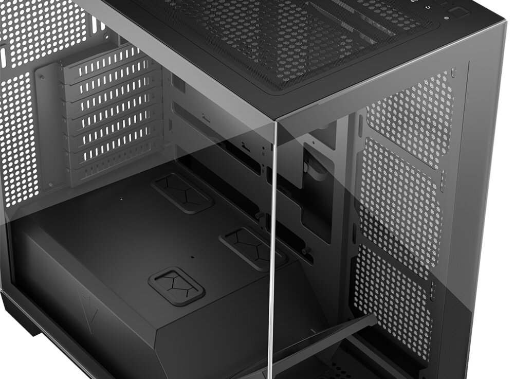 Obudowa MODECOM Volcano Stellar Midi Zbliżenie na narożnik obudowy ukazujące łączenie szklanego panelu z górną wentylowaną powierzchnią
