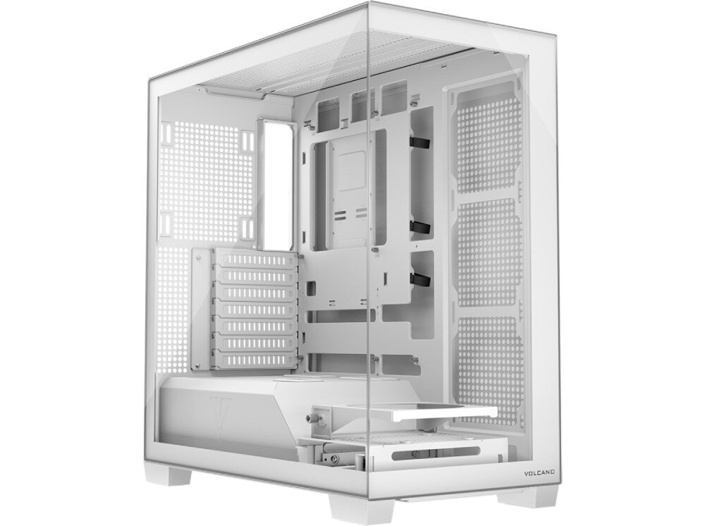 Obudowa MODECOM Volcano Stellar Midi Widok pod kątem na białą obudowę z przeszklonym panelem przednim i bocznym