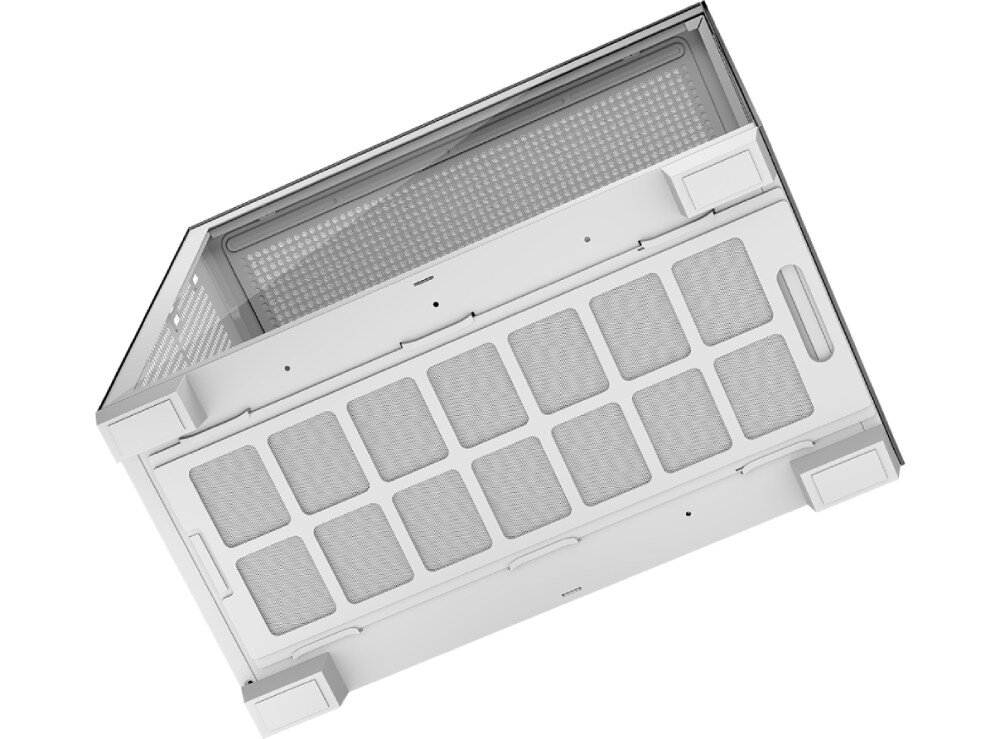 Obudowa MODECOM Volcano Stellar Midi Spód białej obudowy z widocznym długim filtrem przeciwkurzowym zakrywającym otwory wentylacyjne