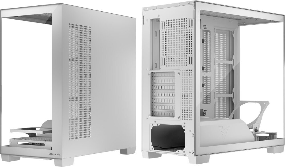 Obudowa MODECOM Volcano Stellar Midi Dwa ujęcia obudowy prezentujące ją z lewej strony z szybą oraz z prawej strony z panelem wentylacyjnym