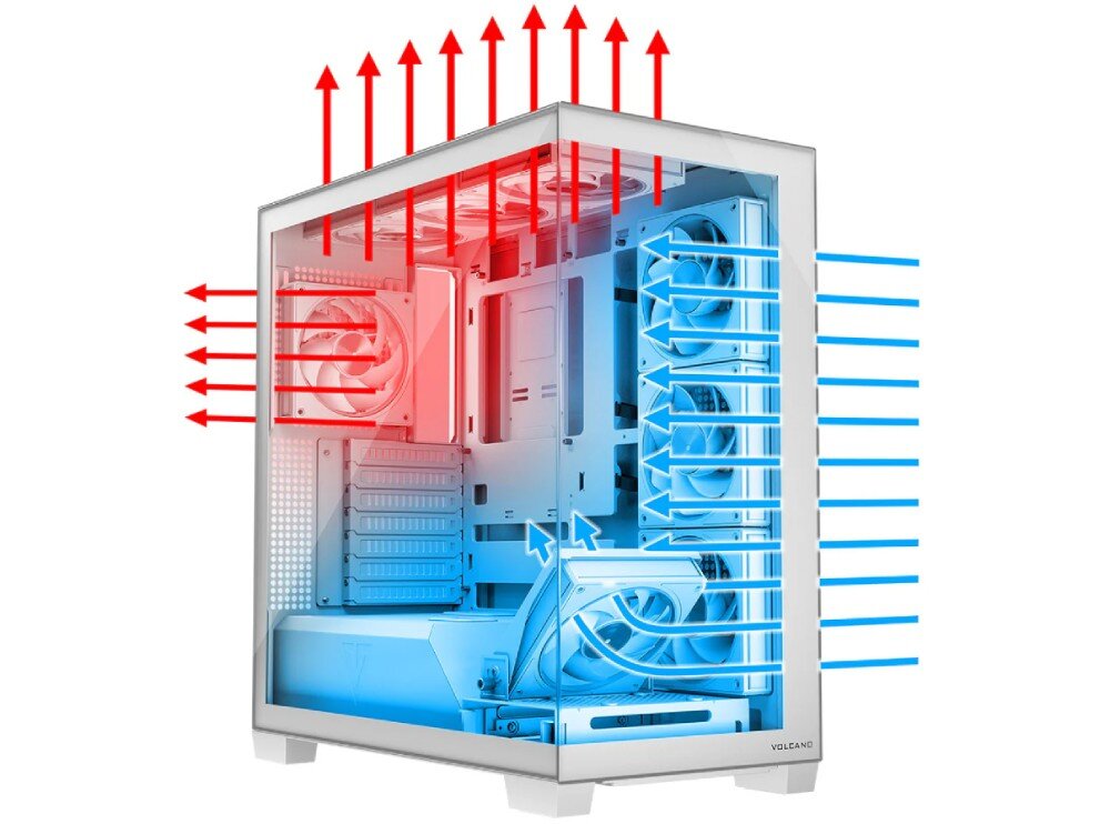 Obudowa MODECOM Volcano Stellar Midi Widok zewnętrzny obudowy z naniesionymi strzałkami pokazującymi wlot i wylot powietrza