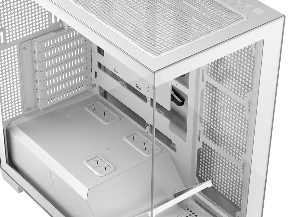 Obudowa MODECOM Volcano Stellar Midi Zbliżenie na narożnik obudowy ukazujące łączenie szklanego panelu z górną wentylowaną powierzchnią