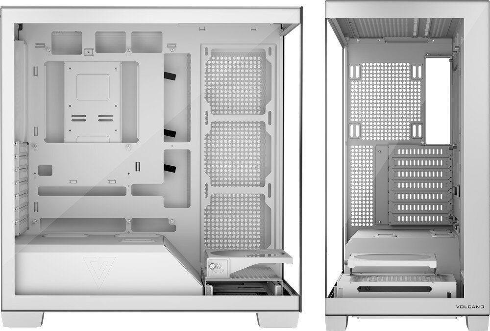 Obudowa MODECOM Volcano Stellar Midi Widok boczny na puste wnętrze obudowy za taflą hartowanego szkła